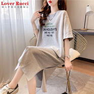 LOVER RUCCI法國純棉短袖2025年新款夏寬松懶人裙中長(cháng)款T恤裙女開(kāi)叉ins連衣裙 灰色731 XL