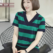 橫行道2024夏裝V領粗橫條紋休閑女裝寬松短袖上衣打底衫內搭半袖t恤 綠藍 M