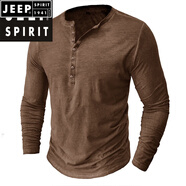 JEEP SPIRIT歐美男士仿舊亨利衫復古長(cháng)袖T恤大碼男裝紐扣水洗做舊打底衫上衣 卡其色 M （140-160斤）
