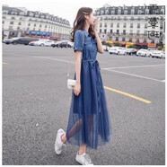 詩威琪牛仔裙連衣裙2023新款女夏收腰顯瘦氣質(zhì)法式網(wǎng)紗裙子森系仙女仙 牛仔藍 S 建議80左右