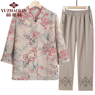 俞兆林（YUZHAOLIN）中老年媽媽夏裝七分袖襯衣老太太夏季襯衫奶奶裝套裝母親節(jié)禮物 紅色上衣+咖色褲子 3XL 115-130斤