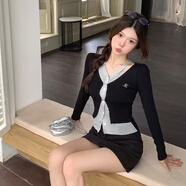 爾山集上衣女T恤長(zhǎng)袖初秋內(nèi)搭修身高彈貼身女裝秋款假兩件針織衫 撞色假兩件針織衫【黑色均碼】