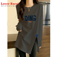 LOVER RUCCI秋季設計感長(cháng)袖t恤女中長(cháng)款小衫寬松內搭打底衫鯊魚(yú)褲上衣搭配 潮 DINO-灰色 M 【95-110斤】