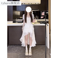 TYBURN77 夏夢(mèng)花房法式茶歇不規則前短后長(cháng)裙擺收腰氣質(zhì)甜美方領(lǐng)連衣裙 白色 XS