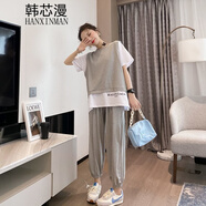 韓芯漫時(shí)尚夏季休閑套裝女學(xué)生韓版寬松初中生女生短袖套裝女夏天T恤少女中學(xué)生短袖上衣服運動(dòng)長(cháng)褲子一套 灰色 2XL