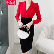 瓦塔諾（WA TA NUO）時尚優(yōu)雅性感V領長袖連衣裙女裝打底包臀中裙子秋冬高腰春款紅色紅色S(80-95斤)