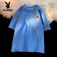 花花公子（PLAYBOY）純棉笑臉短袖t恤男款潮牌2025夏季新款男士寬松白色印花半袖衣服 天藍色A XL