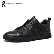 諾貝達（ROBERTA DI CAMERINO）新款男士日常休閑運動小白鞋真皮平跟平底系帶圓頭戶外出行板鞋男 黑色 38