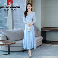 皮爾卡丹雪紡連衣裙子女春秋2025年新款夏天收腰顯瘦氣質(zhì)a字蕾絲大擺長(cháng)裙 湖藍色  M （90-100斤）