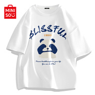 名創(chuàng  )優(yōu)品（MINISO）短袖t恤男夏季鹽系男友風(fēng)bf設計感小眾冰川藍色半袖精梳棉吸汗T恤 【100%純棉】白色(大熊貓先森) S 165 (男女同款)