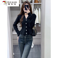 啄木鳥(niǎo)名媛氣質(zhì)紅色v領(lǐng)毛衣針織衫女2025新年秋冬款感修身短款上衣 黑色毛衣 S 【建議80-95斤】