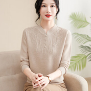歌米拉（Gemila）媽媽裝毛衣女針織衫純色套頭春秋新款圓領(lǐng)內搭中老年女裝打底衫 米色 3XL 建議135-145斤