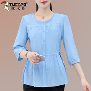 啄木鳥(niǎo)白色雪紡襯衫女夏季七分袖夏裝寬松休閑遮肚子襯衣上衣 天藍 S 建議80-95斤