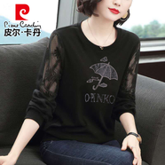 皮爾卡丹（pierre cardin）2025新款春秋裝上衣長(cháng)*袖t恤女士蕾絲洋氣棉打底衫大碼中年媽媽裝 T0102# M 【建議80-105斤】