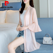 皮爾卡丹（pierre cardin）配吊帶裙子的雪紡小披肩外套女外搭薄款開(kāi)衫蕾絲夏季短款防曬衣女 中長(cháng)款粉色 M 80-110斤建議使用