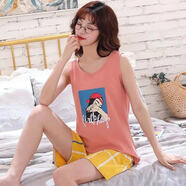 佐琪魚(yú)背心睡衣女夏純棉無(wú)袖套裝夏款女裝夏天大碼寬松全棉家居服兩件套 立女孩背心 2XL (122-132斤)