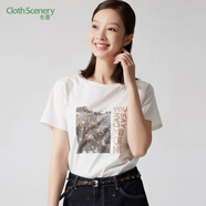 布景T恤女夏季新品簡(jiǎn)約圓領(lǐng)印花直筒短袖棉質(zhì)上衣 白色 XL