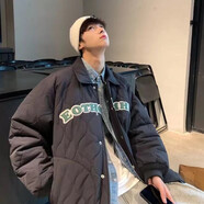 冬季ulzzang翻領棉襖子港風外套男韓版學生面包服加厚寬松棒球服棉衣潮牌棉服男 黑色 XL