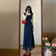 GARNUO藍(lán)色波點(diǎn)小飛袖連衣裙子女夏季茶歇法式收腰顯瘦碎花雪紡吊帶長裙 藍(lán)色 M 【101-110斤】