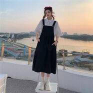 蘭威費雷法式背帶裙子套裝女夏季新款復古學(xué)生小個(gè)子連衣裙兩長(cháng)裙 白色襯衫+黑色背帶裙 s【建議80-95斤】