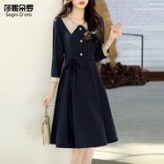 莎妮朵羅大碼女裝微胖連衣裙女裝春秋裝新款胖妹妹韓版收腰長(cháng)袖A字裙16705 藏青色 3XL建議140-160斤穿著(zhù)