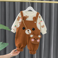 巴布豆卡樂(lè )女童秋冬裝洋氣嬰幼兒衣服秋季小孩可愛(ài)女寶寶加絨衛衣分體套裝潮 深棕色 SMJ小熊包加絨背帶褲套裝 73 碼建議身高60-65厘米