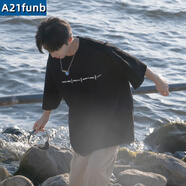 A 21 FUNB短袖t恤男日系慵懶風(fēng)重磅純棉款初高中生小領(lǐng)口潮牌寬松7分袖上衣 黑色 日式復(fù)古短袖 2XL