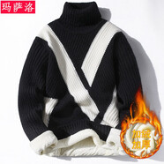 瑪薩洛2025冬季新款男士百搭可翻高領(lǐng)加絨加厚毛衣潮流青少年學(xué)生針織衫 加絨款 黑白色 M