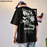 木村三社（MuCunSanShe）山茶花印花夏季黑色男士短袖t恤男潮牌潮流純棉寬松上衣 黑色 2XL
