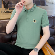 花花公子（PLAYBOY）短袖t恤男翻領(lǐng)夏季潮流POLO領(lǐng)衫半袖棉夏款高端體恤男裝上衣 TX TX7706豆綠色 3XL (150-160斤)