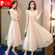 皮爾卡丹（pierre cardin）雪紡連衣裙女夏裝2025年新款收腰顯瘦氣質(zhì)時尚氣質(zhì)夏天長裙子 米白色 （配腰帶） L
