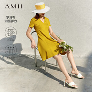 AMII法式復(fù)古a字連衣裙女夏季新款赫本風顯瘦V領(lǐng)修身裙子 芥黃 M 160/84A