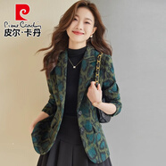 皮爾卡丹（pierre cardin）高檔品牌羊毛西裝外套女秋冬新款豹紋加厚時(shí)尚流行毛呢小西服上衣 綠色波紋西裝 L