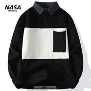 NASA MARVEL針織衫男韓版潮流拼接假兩件襯衫領(lǐng)毛衣男寬松百搭線衣男 黑色 XL (約120~160斤可穿)