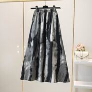 Avmko國風(fēng)印花水墨畫(huà)半身裙女夏2024新款雪紡松緊腰遮跨顯瘦A字大擺裙 抽象條紋 S