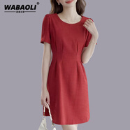 WABAOLI高端品牌 純色圓領(lǐng)收腰連衣裙女 2024夏季新款名媛顯瘦短袖裙子 紅色 S