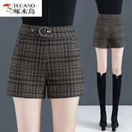 啄木鳥（TUCANO）加絨加厚格子短褲女外穿秋冬2025新款高腰寬松毛呢松緊腰女士短褲 格子短褲 L 28【100-110斤左右】