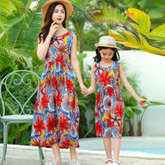 糊圖狗（HUTUGOU） 親子裝母女連衣裙兒童棉綢夏季新款長(cháng)款女孩裙子時(shí)尚碎花沙灘裙 煙花燦爛 單件 170 （M）建議身高162cm-170cm