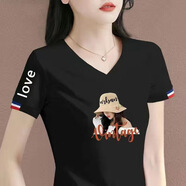 詩婭達(dá)短袖T恤女2025夏季新款洋氣減齡短款修身正肩小衫V領(lǐng)體恤 黑色【花帽女人】 L 建議100-110斤