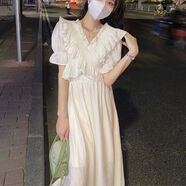 綺岑仙女裙超仙長(cháng)裙溫柔風(fēng)氣質(zhì)夏季仙女感白色雪紡V搭連衣裙韓版百長(cháng) 仙女裙 杏色 S