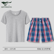 七匹狼睡衣睡褲男夏季純棉短袖T恤短褲阿羅褲2件套可外穿家居服套裝 麻灰短袖+深藍五分短褲 XL -175（建議120-140斤）