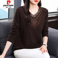 皮爾卡丹（pierre cardin）德絨蕾絲打底衫女裝2025秋冬新款洋氣媽媽長(cháng)袖t恤大碼保暖上衣服 深咖色 M (建議85-110斤)