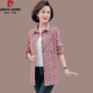 皮爾卡丹（pierre cardin）品牌中年襯衫外套女長袖燈芯絨碎花春秋寬松上衣中年人媽m裝襯衣 粉色 3XL【建議128-142斤】