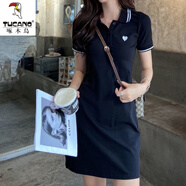 啄木鳥(niǎo)短袖polo衫翻領(lǐng)連衣裙女2024夏季新款小個(gè)子減齡休閑運動(dòng)T恤裙子 黑色連衣裙 L碼【105-120斤】