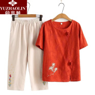 俞兆林（YUZHAOLIN）母亲节中老年女装中年妈妈夏装套装纯棉绣花宽松时尚洋气上衣奶奶 桔红色-福2221 XL(建议100斤以内)