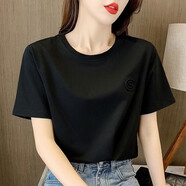 寵琳短袖t恤女2025新款韓版寬松夏季女裝圓領上衣時尚打底衫半袖女潮 2黑色 XL 建議105-120斤