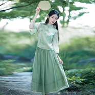 妍莉芬（yanlifen）新中式禪意茶服旗袍套裝女日常改良漢服文藝國風(fēng)顯瘦溫柔連衣裙夏 青山綠旗袍兩件裝 M