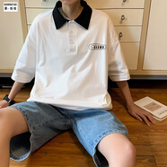 文藝范有領(lǐng)T恤男短袖ins潮牌港風(fēng)男士寬松體恤衫小清新POLO上衣 白色 XL