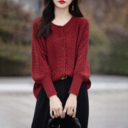 清迎【云霧感】100%純棉針織開(kāi)衫女圓領(lǐng)軟糯慵懶毛衣大碼外套外搭上衣 紅色 XL