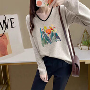 妃麗慕尚撞色正肩長袖t恤女2025年秋季新款韓版休閑時尚寬松顯瘦純色上衣 1541-64米灰色 XL 建議130斤以內(nèi)